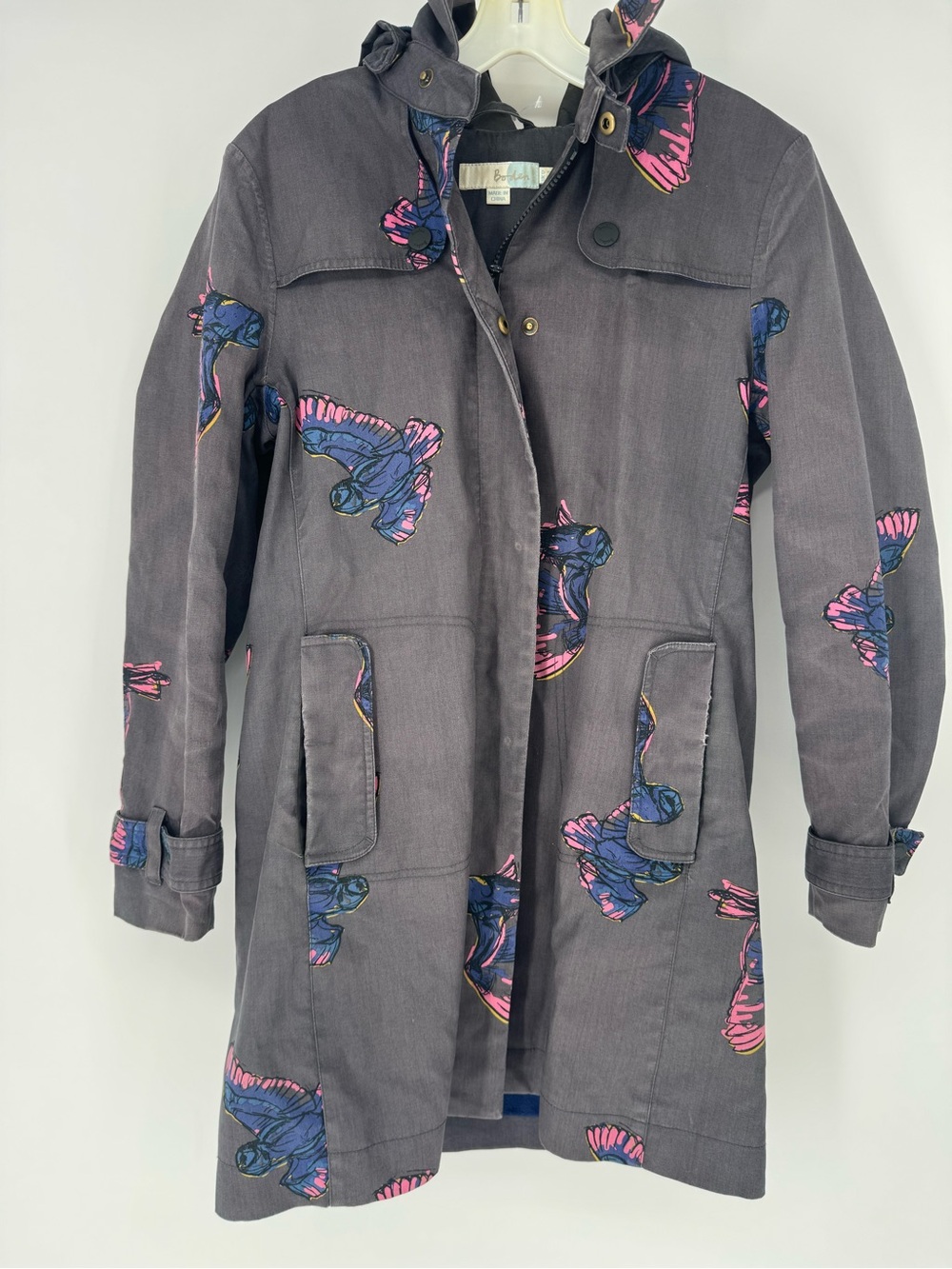 Boden Gray Trench Coat with Pink & Blue Bird Print
